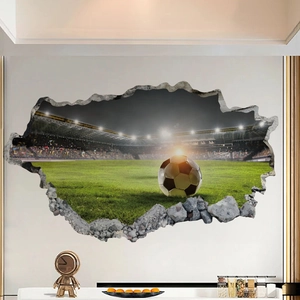 3D cracked wall sticker showing a realistic soccer field with grass and stadium lights