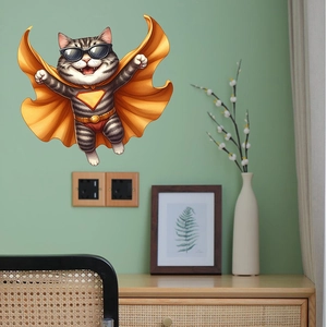 Detail of cartoon tabby cat superhero wall sticker on a light green living room wall