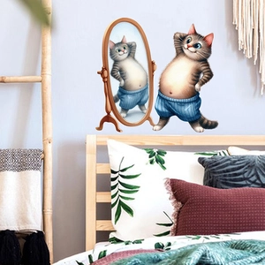 Detail of creative cartoon cat wall sticker showing a fat cat looking in the mirror