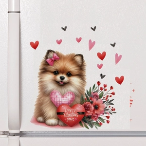 Détail d'autocollant mural chien Loulou avec cœurs roses et fleurs pour décoration