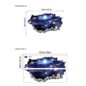 3D space nebula wall decal layout showing paste effect and dimensions for living room