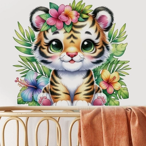 Detail von süßem Tiger-Wandtattoo mit tropischen Blättern für die Kinderzimmerdekoration