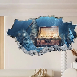 3D wall sticker featuring a deep sea treasure chest and swords with broken wall effect
