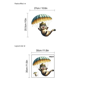 Detail showing cartoon cat parachute wall sticker dimensions and layout measurements