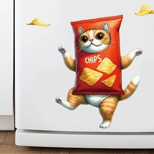 Cute cartoon ginger cat in red chips bag PVC wall sticker for home decor