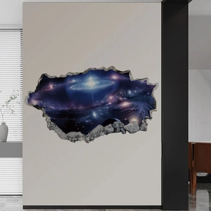 3D wall sticker with galaxy space design and broken wall effect for living room decor