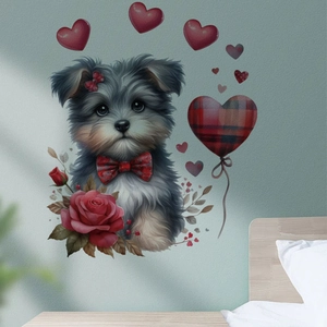 Détail d'autocollant mural chiot avec coeurs rouges sur un mur de chambre à coucher