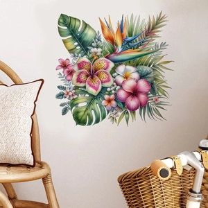 Detailansicht tropischer Wandaufkleber mit Hibiskus und Palmen in gemütlicher Wohnumgebung