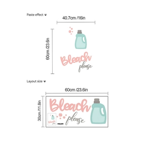 Self-adhesive laundry room wall sticker featuring 'Bleach please' text and bottle graphics