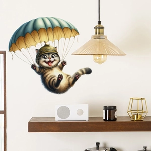 Cartoon orange cat skydiving wall sticker with green parachute on white living room wall