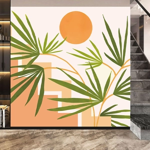 Modern abstract wall decal featuring green tropical leaves and sun for home decoration