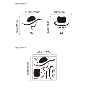 Black silhouette man and woman toilet decals with dimensions and layout view
