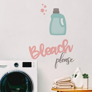 Detail of Bleach Please wall decal with laundry bottle icon on a clean laundry room wall
