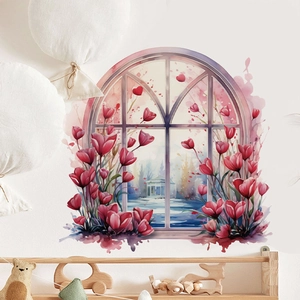 Romantic watercolor fake window wall decal with red heart balloons and tulips for home decor