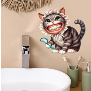 Funny cartoon grey cat brushing teeth wall decal for bathroom mirror and tile decoration