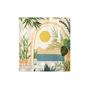 Mediterranean landscape wall sticker with palm leaves, golden sun, and desert arch