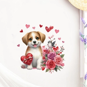 Détail de stickers muraux chien cartoon avec roses roses et cœurs sur mur blanc