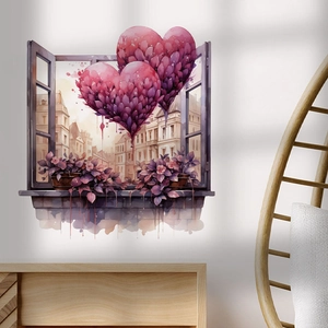 3D heart balloon fake window wall sticker with romantic European street view for home decor