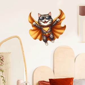 Creative Cartoon Superhero Cat Wall Stickers Removable PVC Parachute Cat Wall Art Decals For Living Room Bedroom Decor