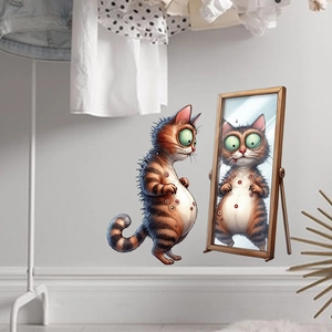 Cartoon brown striped cat mirror wall sticker set for bathroom and home decoration