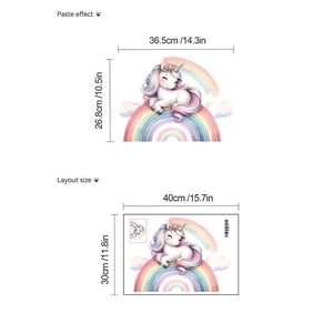 Detailed size guide for cartoon unicorn rainbow wall stickers showing paste effect and layout
