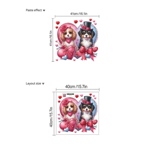 Sticker mural montrant le format de pose et la taille de chiens mignons avec cœurs