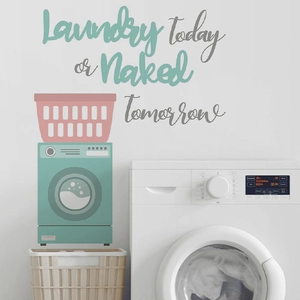 Self-adhesive laundry room wall decal featuring humorous text and cartoon washing machine