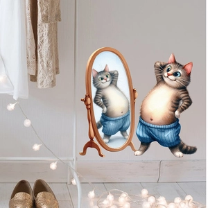 Cartoon tabby cat with blue striped shorts wall sticker for creative bathroom mirror decoration