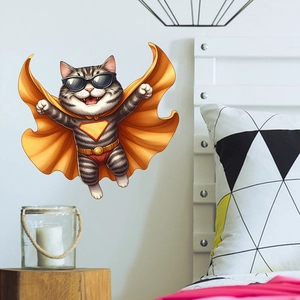 Cartoon superhero cat wall sticker with orange cape on a minimalist white bedroom wall