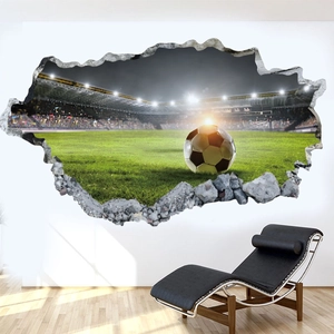 Realistic 3D broken wall soccer field wall sticker for modern living room decor