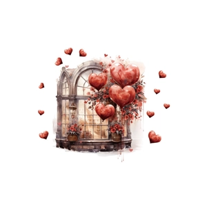 Romantic watercolor fake window wall decal with red heart balloons and floral patterns