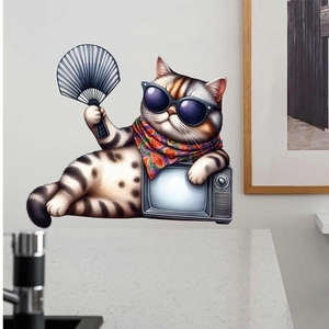 Cartoon cat wall decal wearing sunglasses with vintage TV for home decor