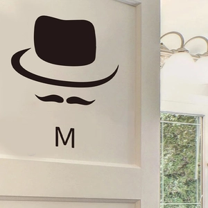 Modern black vinyl toilet sticker with gentleman hat and mustache silhouette for bathroom