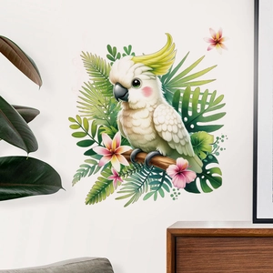 Wandtattoo mit weißem Kakadu Papagei, grünen Palmenblättern und tropischen Blumen