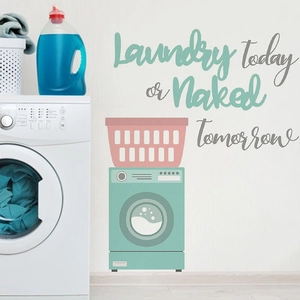 Detail view of Laundry Today or Naked Tomorrow wall decal with cartoon laundry graphics