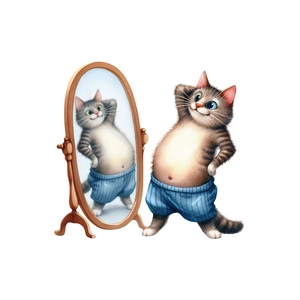 Cartoon striped cat looking in a mirror wall sticker for bathroom decor and wall art