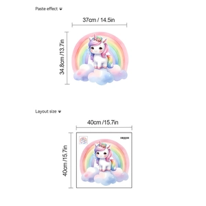 Detail showing layout and dimensions of cartoon unicorn rainbow wall sticker for decor
