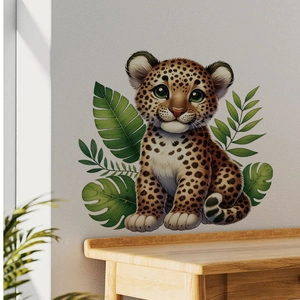 Tropische Wandaufkleber mit niedlichem Leopardenjungem und Monstera-Blättern für Deko