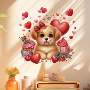 Détail d'autocollant mural chiot avec cœurs roses et cupcakes sous lumière douce