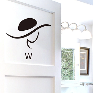 Close-up of a black silhouette vinyl sticker with a woman icon and W for restroom decor