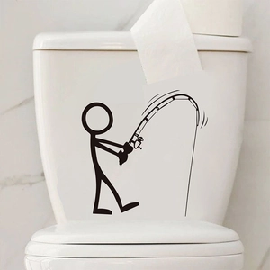 Detail of waterproof PVC sticker featuring a fisherman silhouette on a white toilet tank