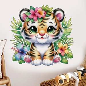 Niedlicher Tiger Wandsticker mit tropischen Blättern und Hibiskusblüte für die Raumdekoration