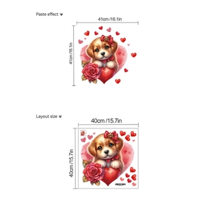 Dimensions détaillées du sticker mural chiot dessin animé avec cœurs et roses