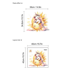 Detailed dimension layout showing cartoon unicorn and sun wall stickers sizing and effects