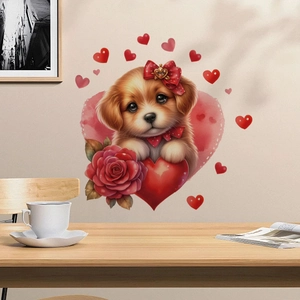 Détail du sticker mural chiot dessin animé avec cœurs rouges et rose dans un salon