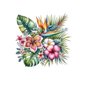 Tropischer Wandsticker mit grünen Palmenblättern Hibiskusblüten und Paradiesvogel