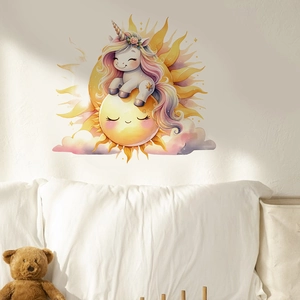 Cartoon unicorn sleeping on sun wall sticker for kids bedroom interior decor