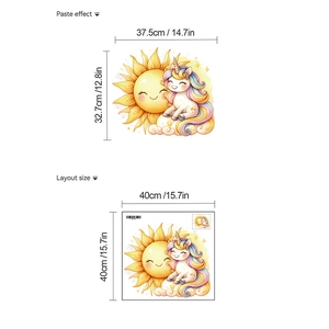 Detailed size chart for sun and unicorn wall stickers showing layout and paste dimensions