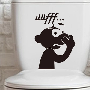 Funny cartoon character squeezing nose wall sticker with text on toilet tank