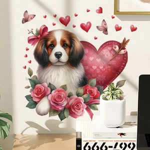 Détail d'un sticker mural Cavalier King Charles Spaniel avec roses et cœurs rouges